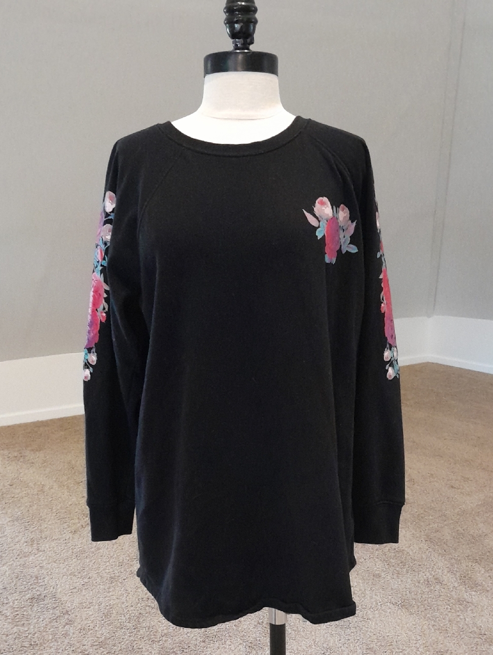 torrid Black Sweatshirt with Pink Floral Sleeve Print